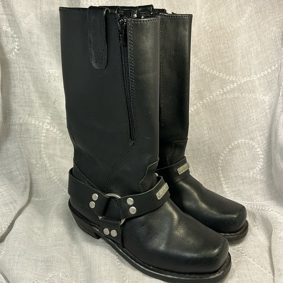 Harley-Davidson Vintage Square Toe Harness Side Zip Leather Boots Chopper Badge
